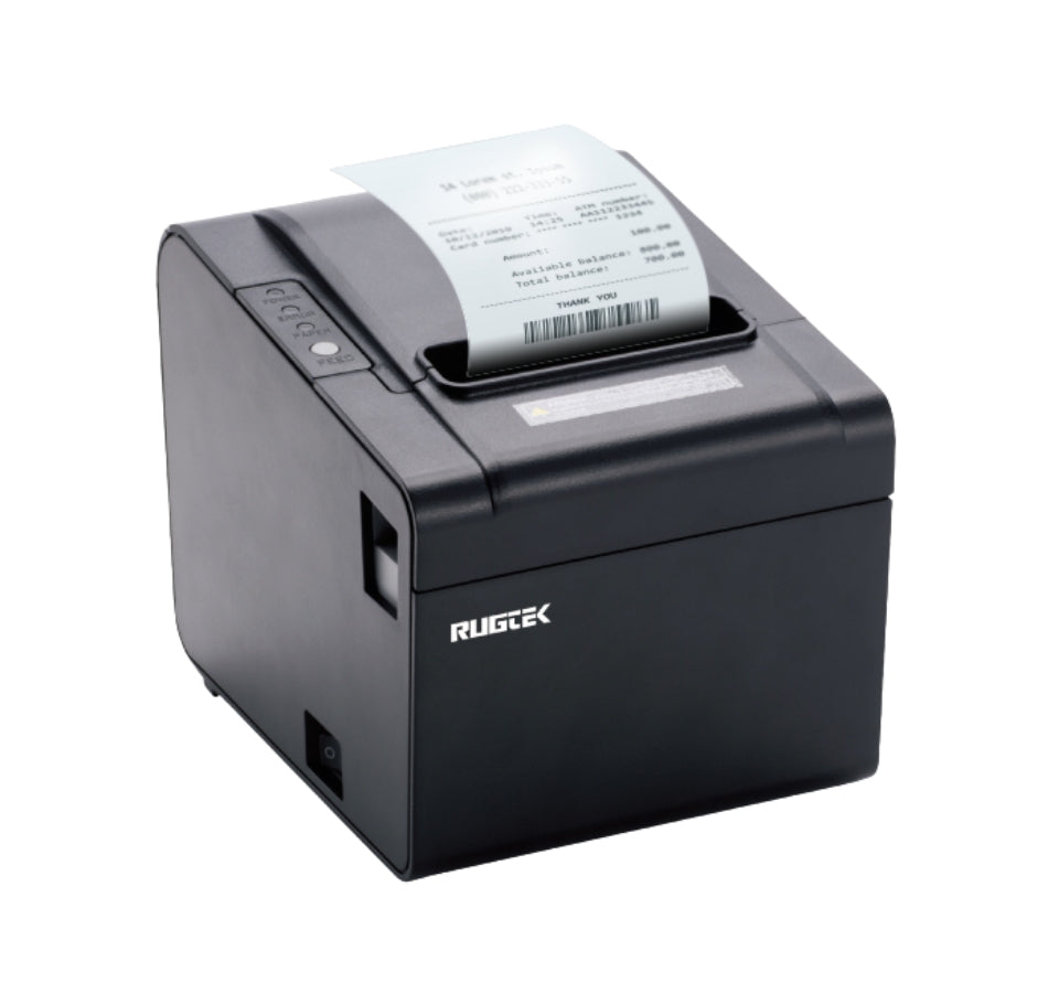 A black RUGTEK thermal receipt printer with a white paper print emerging from the top slot, shown on a plain white background.-Rugtek RP-80 H1 Wi-Fi Thermal Printer – 3 Inch Wireless POS Receipt Printer for Retail & Restaurant Billing