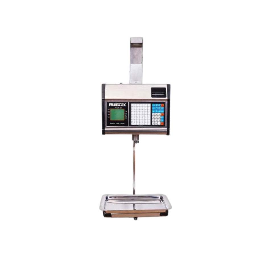 A Rugtek digital scale with a stainless steel weighing platform, vertical support, and electronic display unit on a plain white background. - Rugtek RLS-1000H Hanging Display Label Printing Scale – Industrial Thermal Barcode Weighing Scale for Supermarkets & Food Retail