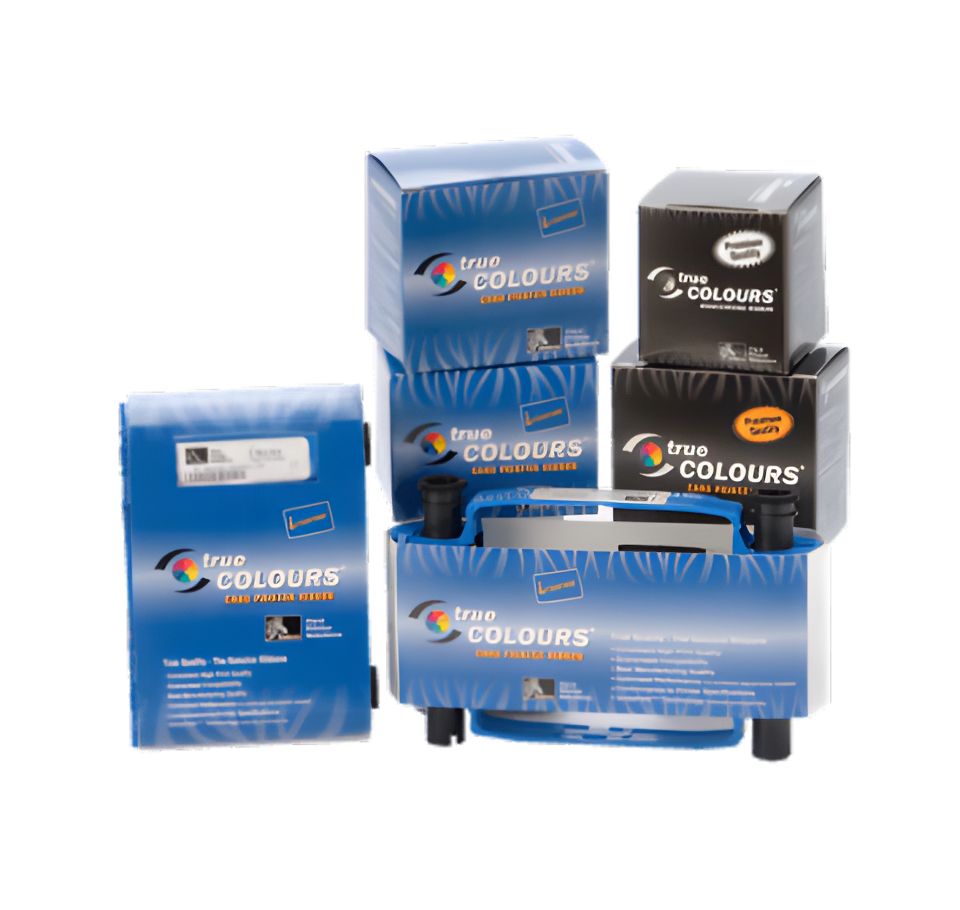 Collection of 'true COLOURS' product boxes on a white background - ZebraZXP7MetallicGoldRibbon800077-716EM5_000PrintsMonochromeCardPrinterRibbon