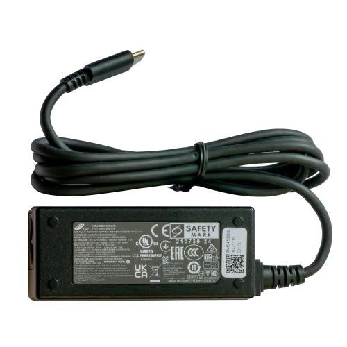 Black power adapter with safety markings on a white background Zebra 45W USB-C Power Supply for ET8X | 15V 3A AC Adapter PWR-BGA15V45WUC2-WW