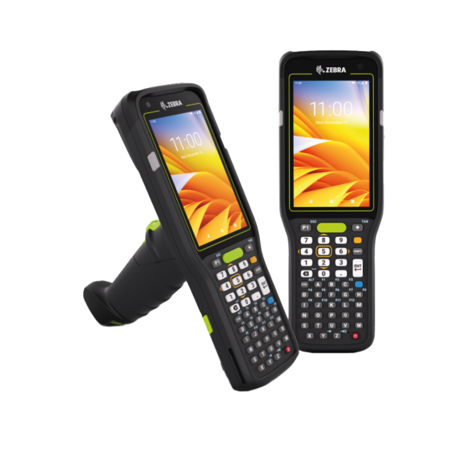 Two Zebra mobile devices with screens displaying time on a white  background - Zebra MC3400 Rugged Enterprise Mobile Computer, Android, 4″ Display