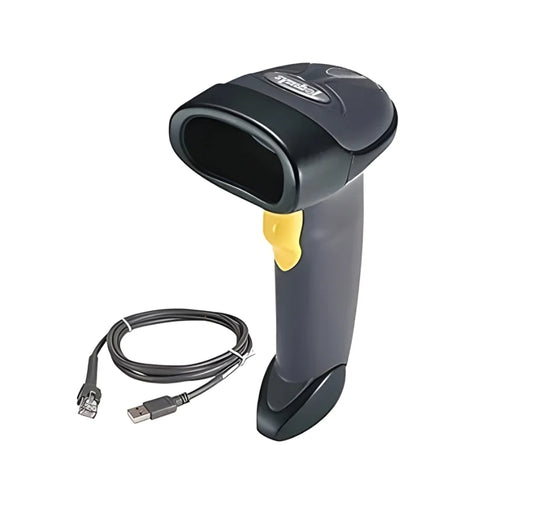Barcode scanner with USB cable on a white background - Zebra Symbol LS2208 Barcode Scanner LS2208-SR20001R-UR in India | 1D POS Scanner