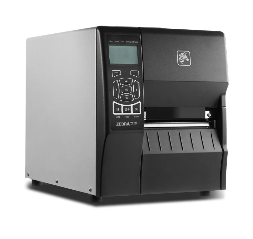 Zebra ZT230 label printer on a white background - Zebra_ZT230_Industrial_Label_Printer_Compact_Thermal_Transfer_Barcode_Printer_UAE.