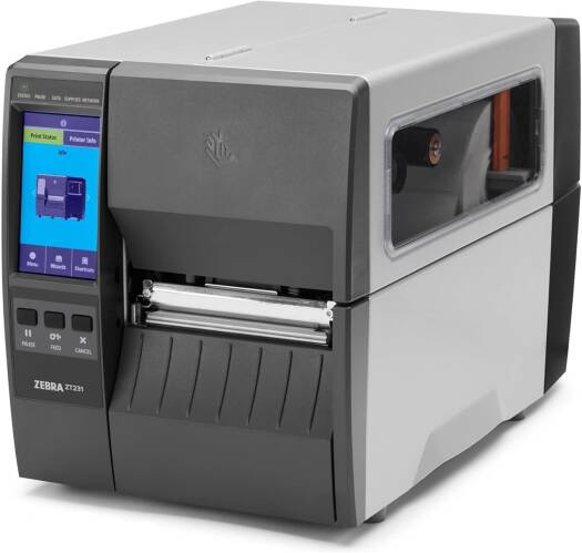 Zebra label printer on a white background left side view  - Zebra_ZT231_Barcode_Label_Printer_Industrial_Thermal_Printer