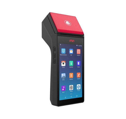 Portable device with a red top and black body displaying app icons on a white background Portable Retail POS System in India – POSMEA